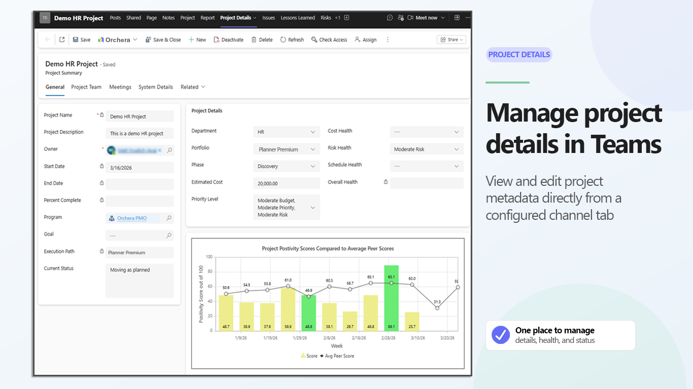 Orchera project details screen in Microsoft Teams, centralizing a project's key information in one place